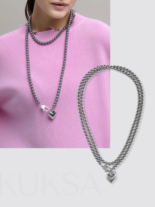 Колье "Long Dark Grey Heart" Silver