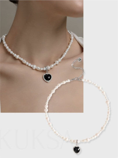 Колье "Royal Love Pearl" Silver c чёрным агатом